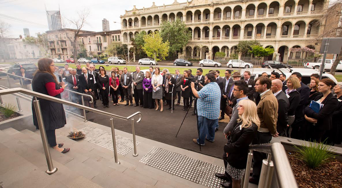 Smoking ceremony conducted by Wurunjeri Elder Aunty Joy Wandin Murphy at the Lowitja Institute CRC launch in October 2014, part of Closing the Gap