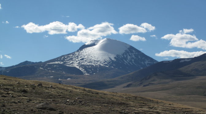 A snow-capped mountain in Mongolia