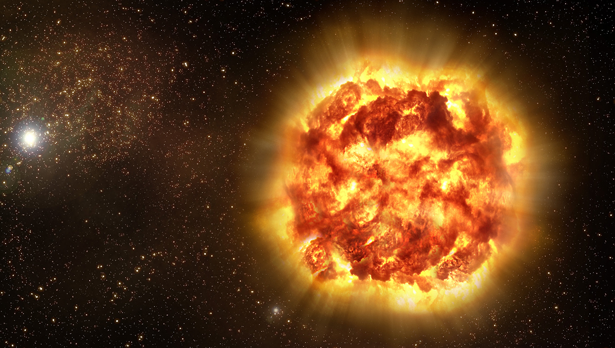 Artist's impression of how Type Ia supernovae may look like as revealed by spectro-polarimetry observations. The outer regions of the blast cloud is asymmetric, with different materials found in 'clumps', while the inner regions are smooth. Using observations of 17 supernovae made over more than 10 years with ESO's Very Large Telescope and the McDonald Observatory's Otto Struve Telescope, astronomers inferred the shape and structure of the debris cloud thrown out from Type Ia supernovae. Such supernovae are thought to be the result of the explosion of a small and dense star — a white dwarf — inside a binary system. As its companion continuously spills matter onto the white dwarf, the white dwarf reaches a critical mass, leading to a fatal instability and the supernova. But what sparks the initial explosion, and how the blast travels through the star have long been thorny issues. The study shows that the outer regions of the blast cloud is asymmetric, with different materials found in 'clumps', while the inner regions are smooth.